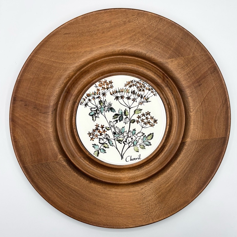 Chervil Wood Round Plate / Cheese Platter With Floral Tile Design - Vintage